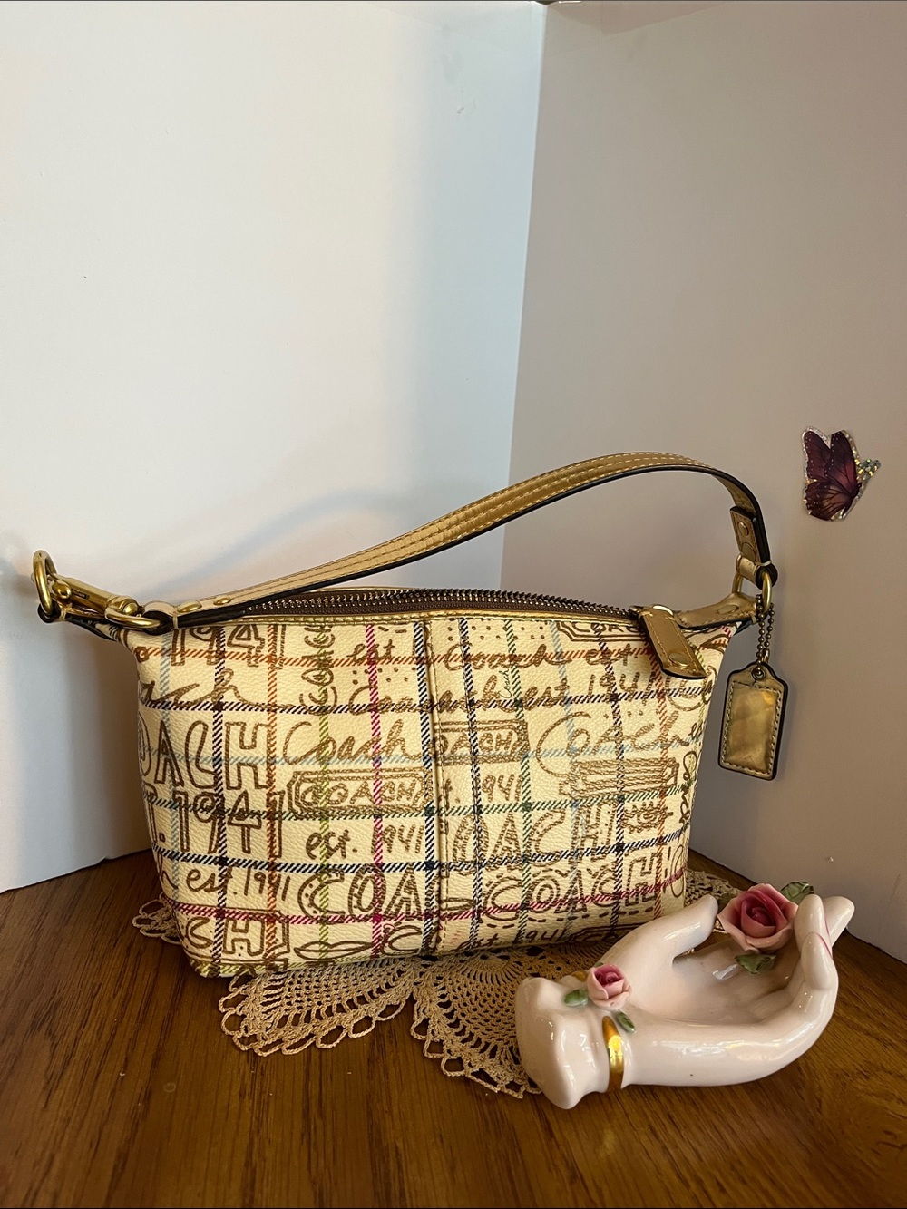 Coach Tattersall Graffiti Print Shoulder Bag in Cream and Tan